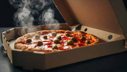 Hot steaming pepperoni and olive pizza in cardboard box olives