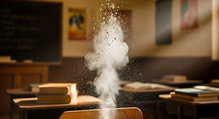 Dramatic dusty explosion erupts from an old school desk in a vintage style classroom setting a scene of sudden chaotic disruption