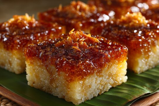 Biko, sticky rice cakes with rich glaze, arranged on green banana leaf, wooden surface backdrop. Concept of sticky rice coconut Filipino dessert focusing on traditional delicacy.