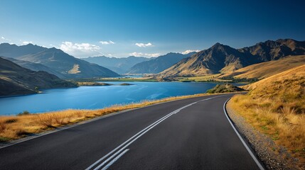 Scenic Asphalt Road Curving Through Mountain Valley With Lake and Rugged Peaks Under Clear Sky
