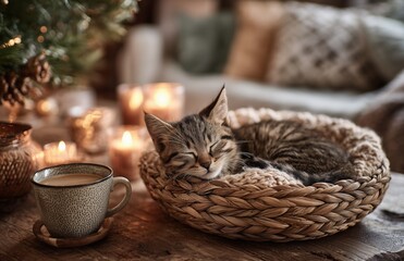 Obraz premium Sleeping Kitten In Basket With Coffee And Candles