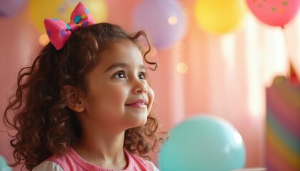 Fototapeta premium Cute girl with curly hair and colorful bow smiles on party. Cheerful child looks at festive pastel decorations with balloons, bright lights. Small kid celebrate birthday in happiness mood.