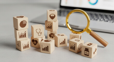 Health Risk Assessment (HRA). Wooden cubes with chart icons represent the systematic methodology for evaluating an individual's potential for developing health problems for wellness strategy
