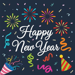 Happy New Year Celebration with Fireworks and Confetti