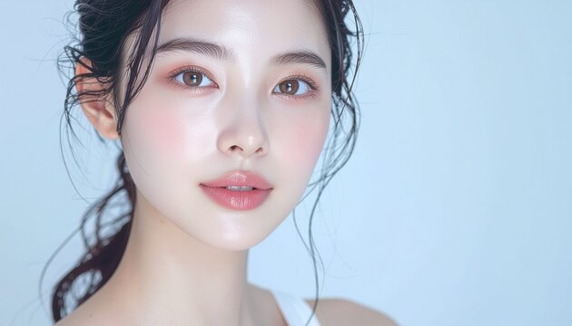 日本人, 超リアル, 美しい若い女性, 顔クローズアップ, 欠点のない肌, 輝く肌質, ナチュラルメイク, 柔らかなライティング, 美容CM風, シネマティック, カメラ目線, 高解像度, Japanese, ultra-realistic, beautiful young woman, face close-up, flawless skin, glowing complexion