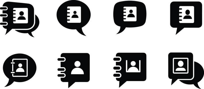 Contact book icons in speech bubbles on white background