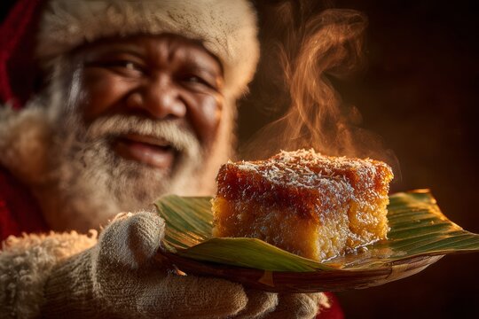 Elderly man with white beard, red fur hat, smiling warmly, holding plate of Biko on banana leaf. Concept of traditional Filipino dessert, sticky rice coconut treat. 