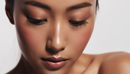 日本人, 超リアル, 美しい若い女性, 顔クローズアップ, 欠点のない肌, 輝く肌質, ナチュラルメイク, 柔らかなライティング, 美容CM風, シネマティック, カメラ目線, 高解像度, Japanese, ultra-realistic, beautiful young woman, face close-up, flawless skin, glowing complexion
