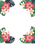 Red hibiscus and vector white plumeria flowers with green leaves