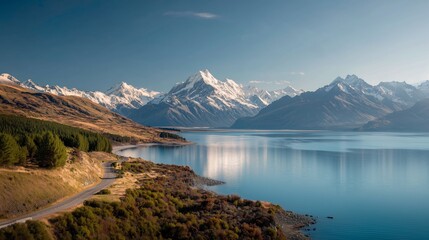 Scenic Asphalt Road Curving Through Mountain Valley With Lake and Rugged Peaks Under Clear Sky