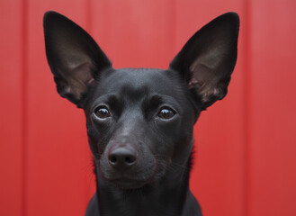 Black dog close up with large upright ears and shiny eyes against vibrant red background, showing alert and curious expression in natural light portrait