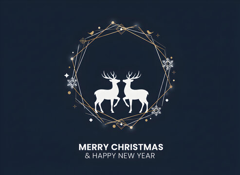 Elegant geometric Christmas wreath with two white reindeer surrounded by gold accents on a dark blue background.