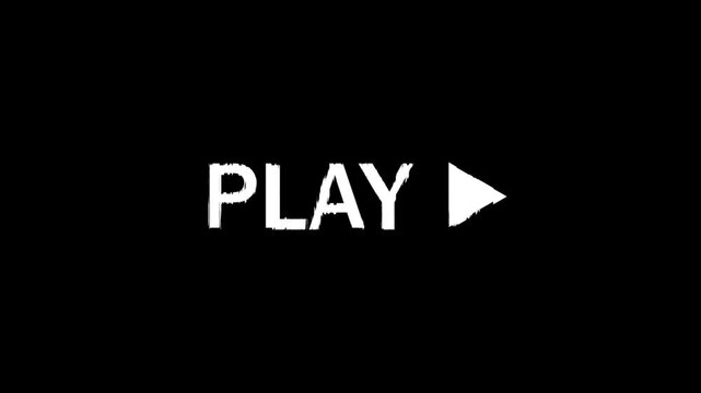 Distressed white play button and text on black background, retro vhs glitch style media icon.