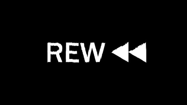 Rewind button icon with distressed texture, text rew and fast backward symbol on black background grunge media control element.