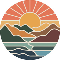 Retro sunset over stylized mountains and water vector
