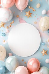 Balloons and gold stars fill the frame and surround a blank space perfect for adding a message. This scene suits birthday parties and festive gatherings, focusing on fun decorations