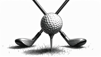 Golf ball on tee with crossed clubs. Sport equipment for golf game. Golf competition art concept. Graphic design for golf match invitation or club logo.