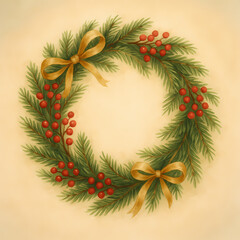 Watercolor Christmas Wreath with Pine Branches, Berries and Gold Ribbons