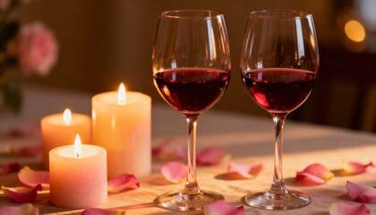 Romantic dinner setting with two glasses of red wine and candles