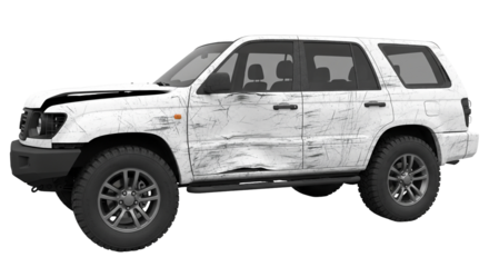 Off road vehicle shows deep scoring and deformation after driving across rough terrain and rocks