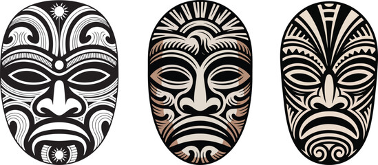 Three tribal masks with vector black tan and white designs