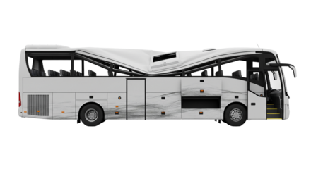 Passenger bus with roof collapse shows signs of damage and structural failure at an unknown location