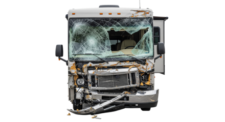 Large motorhome with broken front cap and windshield after collision on highway in daylight