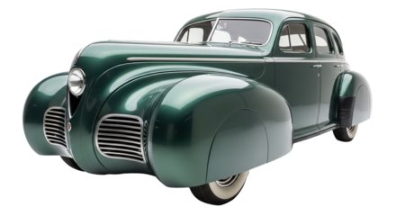 Unusual streamlined sedan from the late 1930s displayed on a transparent background with smooth design features and round shapes