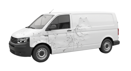Utility van with numerous dents from hailstorm or debris impact, showing visible damage on body panels