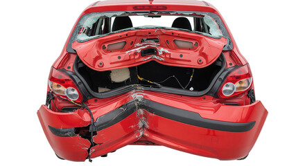 Naklejka premium Damage to rear section of small red hatchback caused by collision on road in urban area during the day