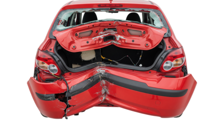 Damage to rear section of small red hatchback caused by collision on road in urban area during the day