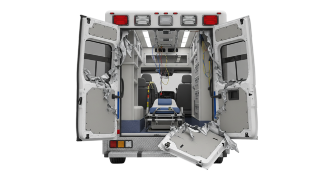 Ambulance doors peeled open, exposing medical equipment inside, with damage visible from the rear view - Powered by Adobe