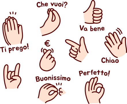 Cartoon Italian hands gesture set. Simple hand drawn doodle icons. Pinched fingers, chef's kiss, horns, money. Vector illustration.
