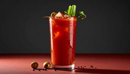 A bright, high-key shot of a Bloody Mary cocktail in a glass, garnished with celery and olives, with lemon wedges on a clean white surface, casting a strong shadow.
