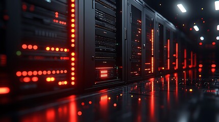 Data center servers with technology, networking, and digital information storage.