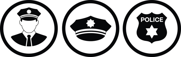 Police officer icon, law enforcement symbol, security badge vector, police cap illustration, public safety design, authority concept, patrol graphic, protection emblem