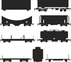 Railroad freight car silhouettes, boxcar, tank car, hopper, gondola, flatcar icons, black vector transport set, cargo train vehicle collection © Samol