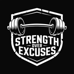 Vector White shield with barbell and text Strength Over Excuses