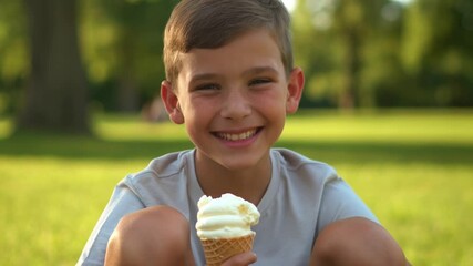 A cheerful boy enjoying a tasty ice cream cone on a sunny day. He is smiling while looking toward the camera. Stock video