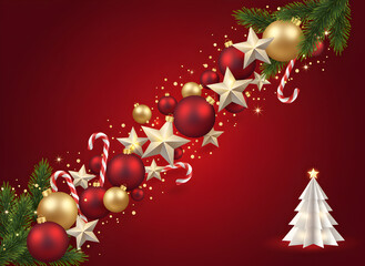 Title: Luxury Red Christmas Background with Diagonal Ornament Cascade