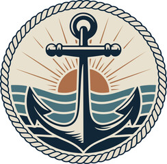 Vintage Nautical Anchor Sun Waves Rope Circle Graphic vector