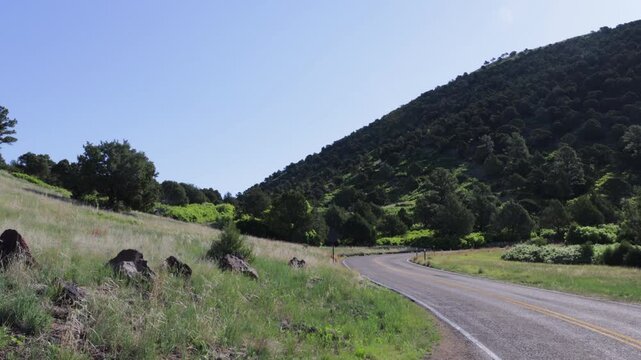 Road around the forested cone of Capulin Volcano National Monument in northeastern New Mexico, USA