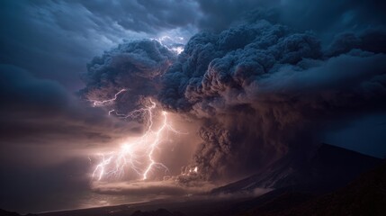 A volcanic eruption occurs at night, producing thick clouds and flashes of lightning. The scene shows the power of nature and the intensity of the volcanic activity in the sky