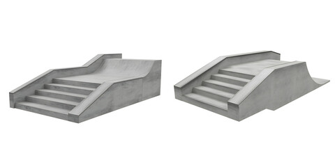 Two concrete outdoor staircases with curved railings on a white  background