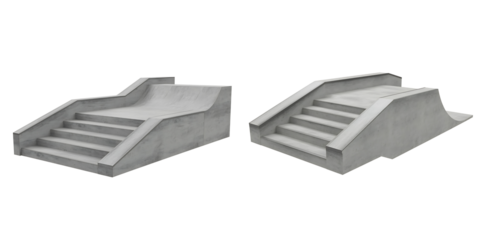 Two concrete outdoor staircases with curved railings on a white  background