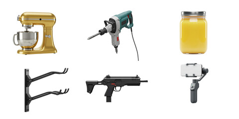 Collection of objects including a stand mixer drill jar gun and camera gimbal