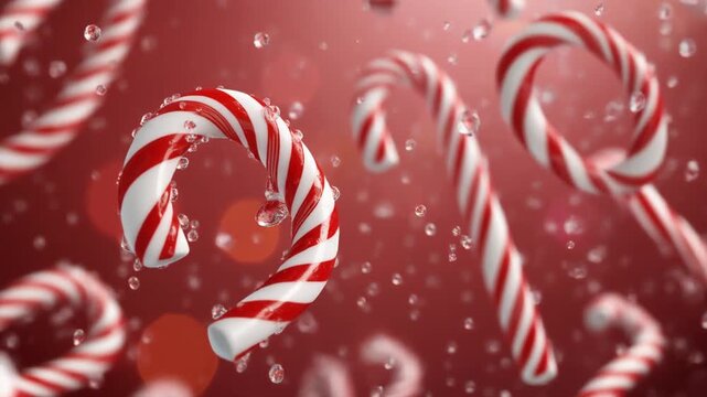 Red and white striped candy cane floating with water droplets in motion, festive bokeh background.
