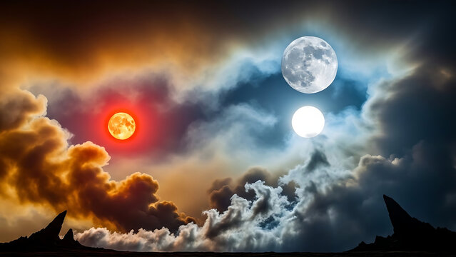 Celestial event with a red sun and two moons in a cloudy sky, symbolic of cosmic change and mystery