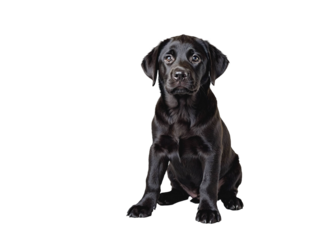 Black Labrador puppy sitting on white background with alert and curious expression, showing shiny coat and attentive posture in studio setting