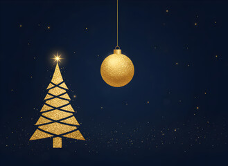 Title: Minimalist Gold Christmas Tree and Ornament on Midnight Blue Background